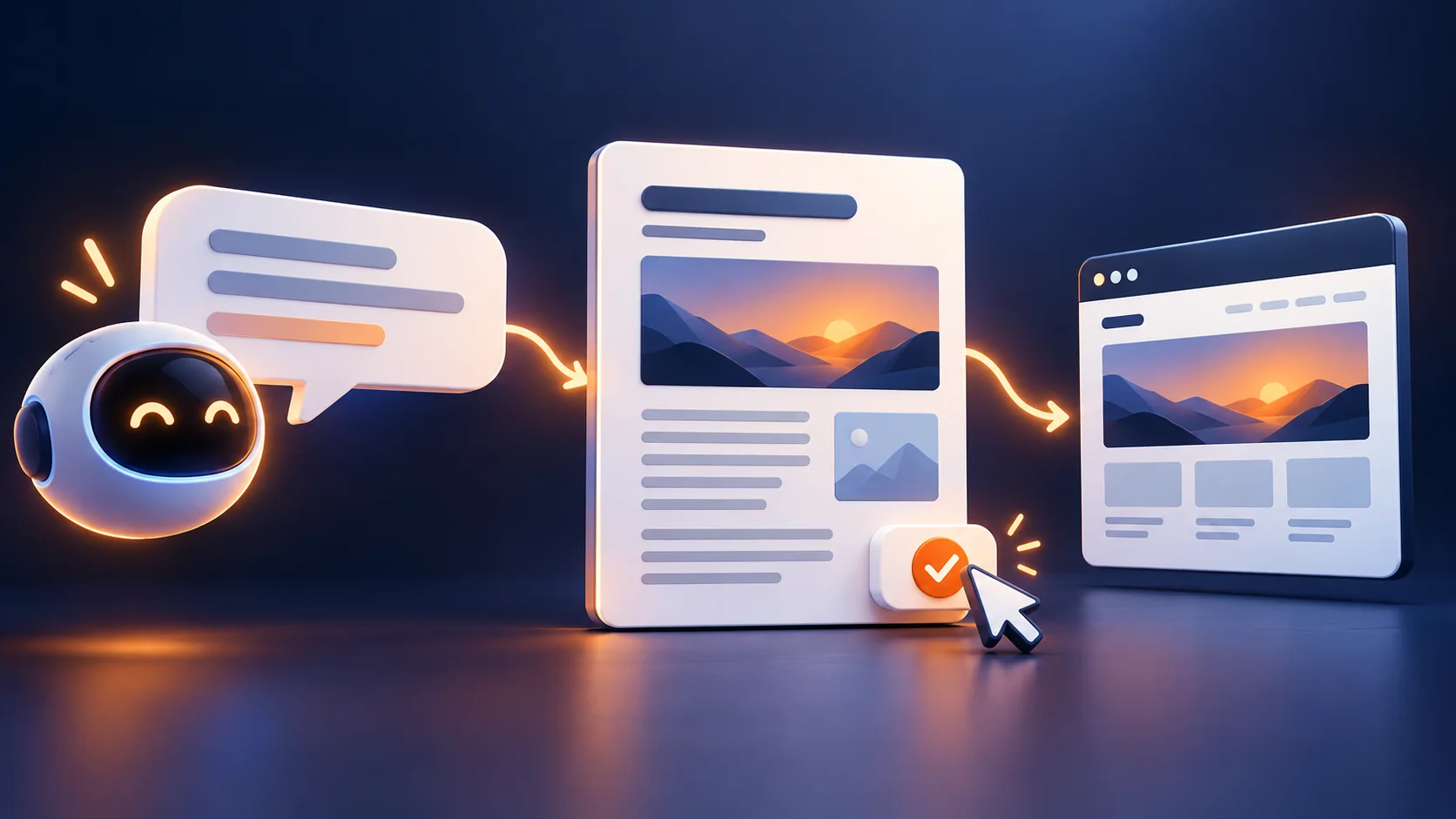 Editorial illustration showing a chat request becoming a reviewed blog article on a website