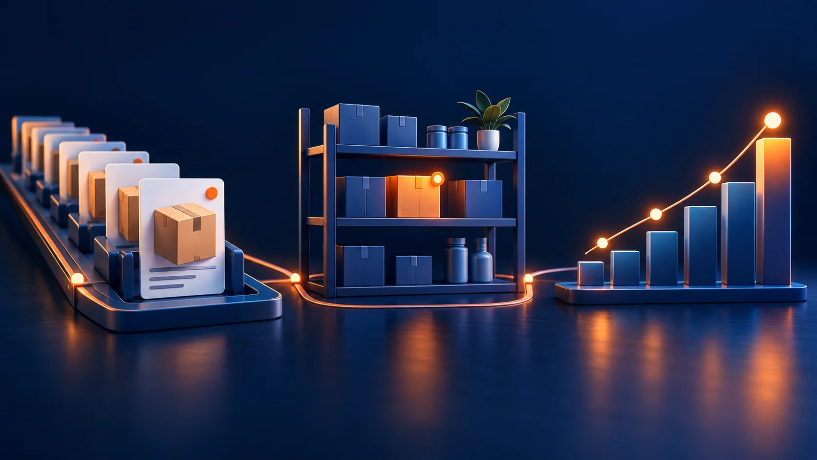 Order queue, low-stock inventory shelf, and sales chart in a blue and orange editorial illustration