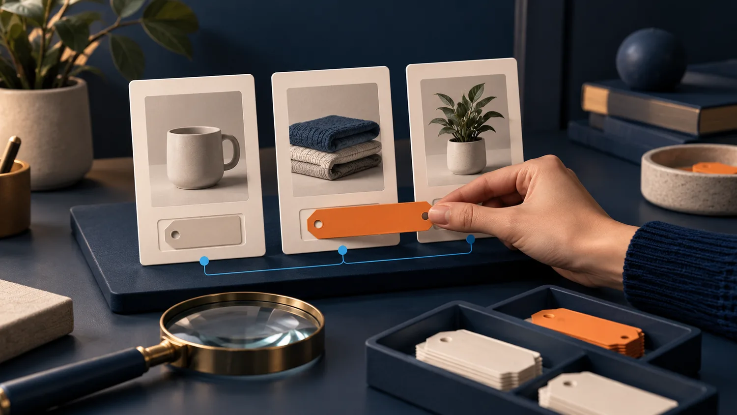 Product catalog cards with an orange tag being placed beside a product, illustrating a targeted SEO metadata edit.
