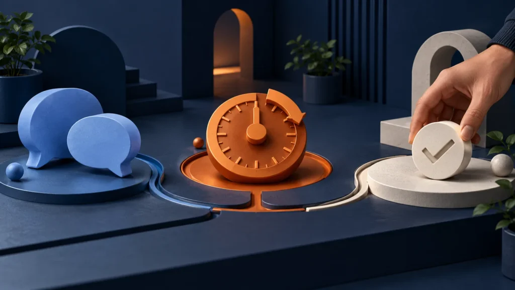Speech bubbles, an orange timer and a hand-held approval token represent conversation, fixed automation and human review.