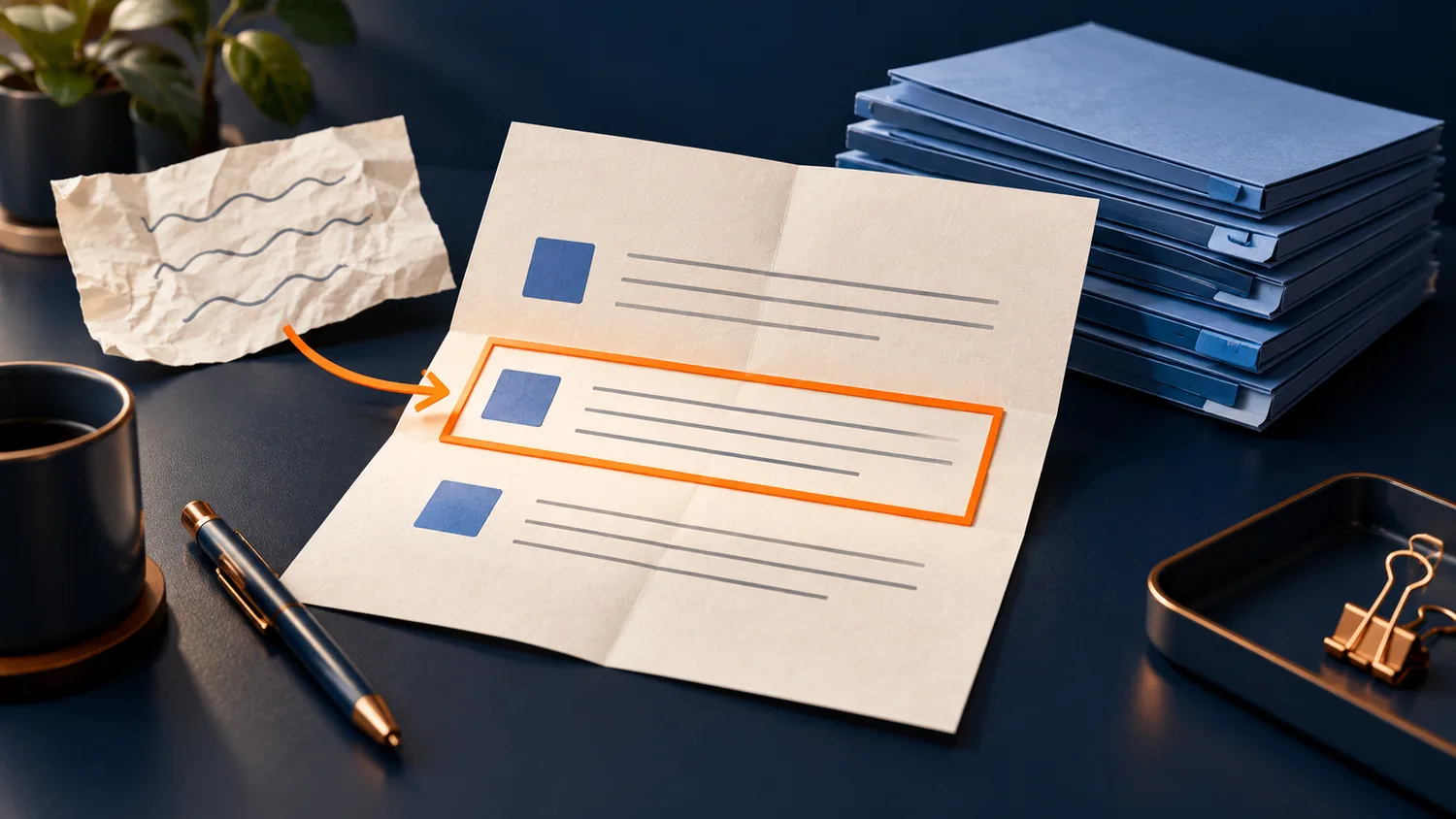 An orange frame highlights one section of a structured change brief beside a stack of previous versions.