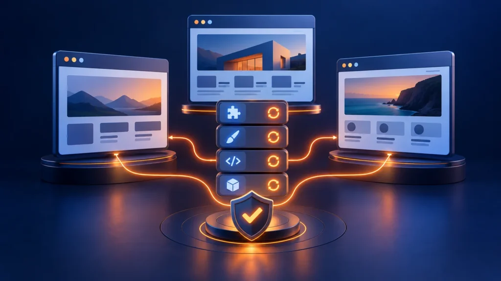 Editorial illustration of several WordPress sites connected to plugin and theme update indicators