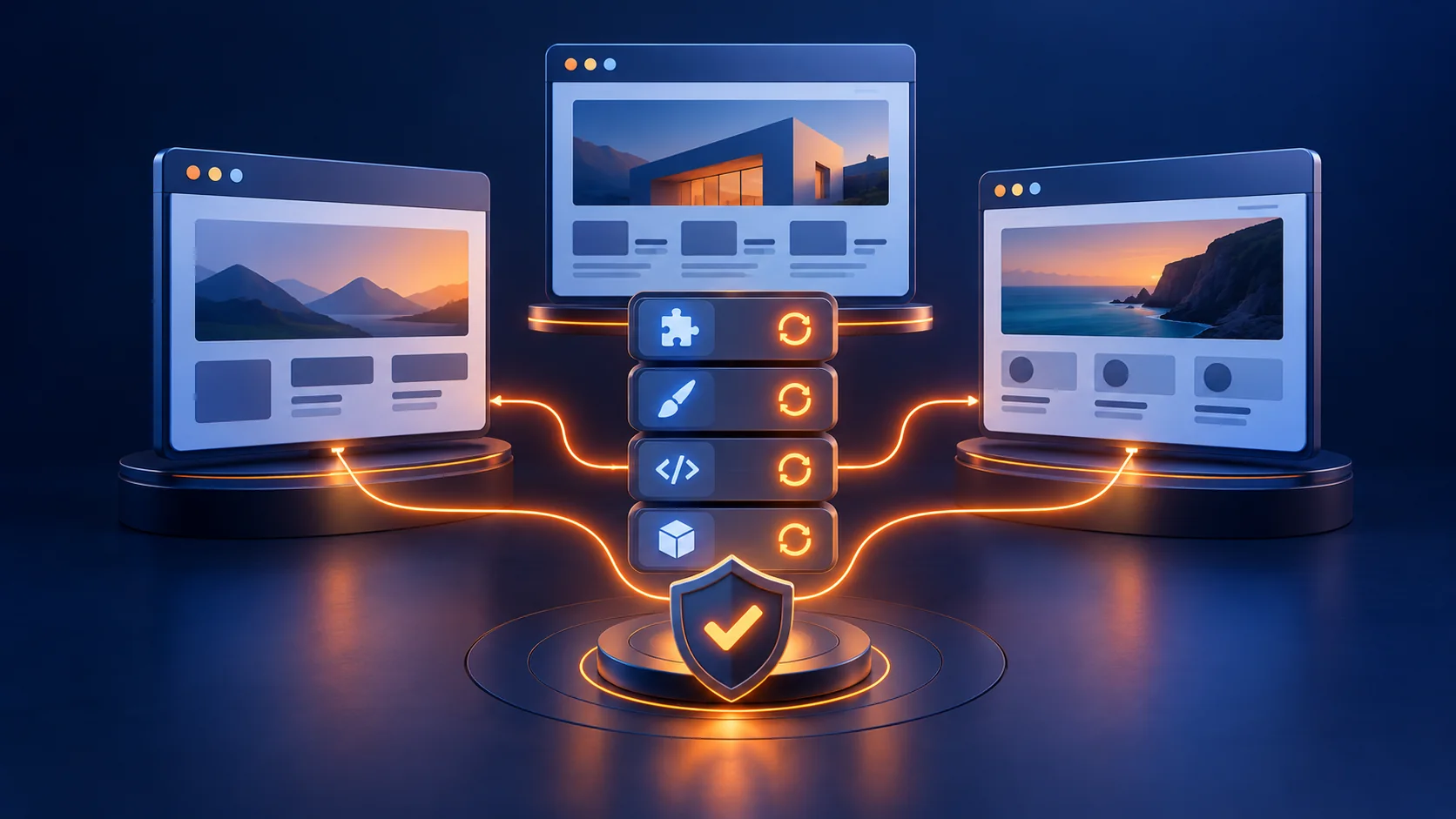 Editorial illustration of several WordPress sites connected to plugin and theme update indicators